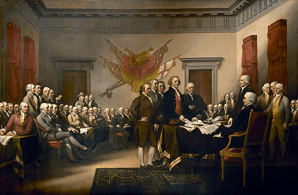 This painting depicts an event that never happened. The signers of the Declaration of Independence were never in the room at the same time, an example of the deeply challenging limits of their coordination technologies.